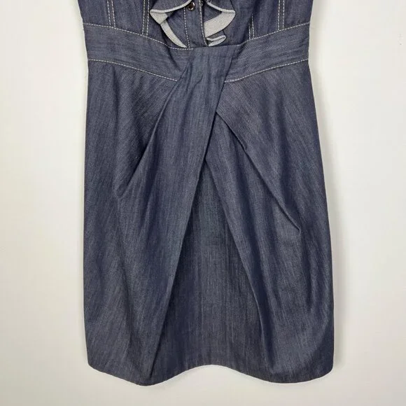 Karen Millen Womens Blue Denim Chambray Sleeveless Dress Ruffle Front size 4 - Picture 7 of 14